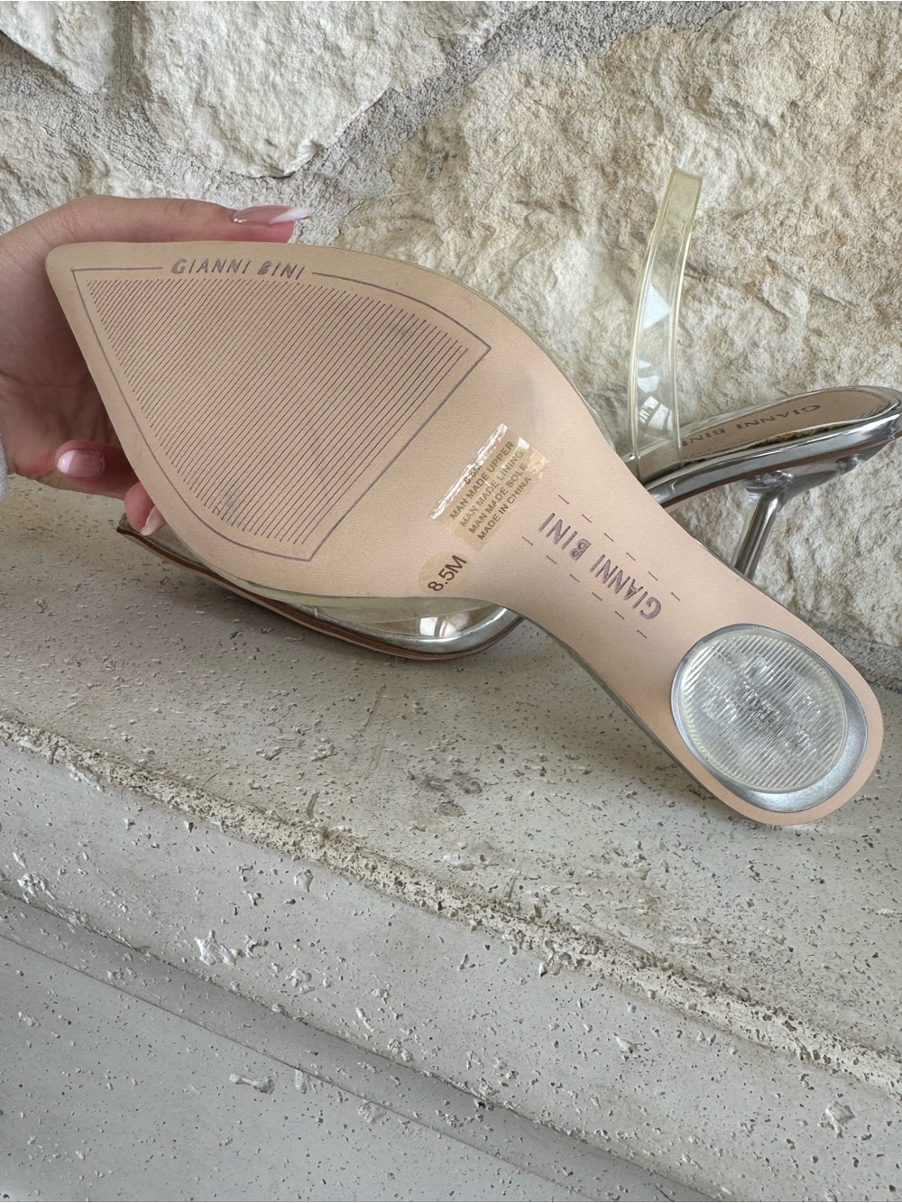 Gianni Bini Clear PVC Pointed Toe Slingback Heels with Crystal Medallion - Nude - Picture 3 of 5